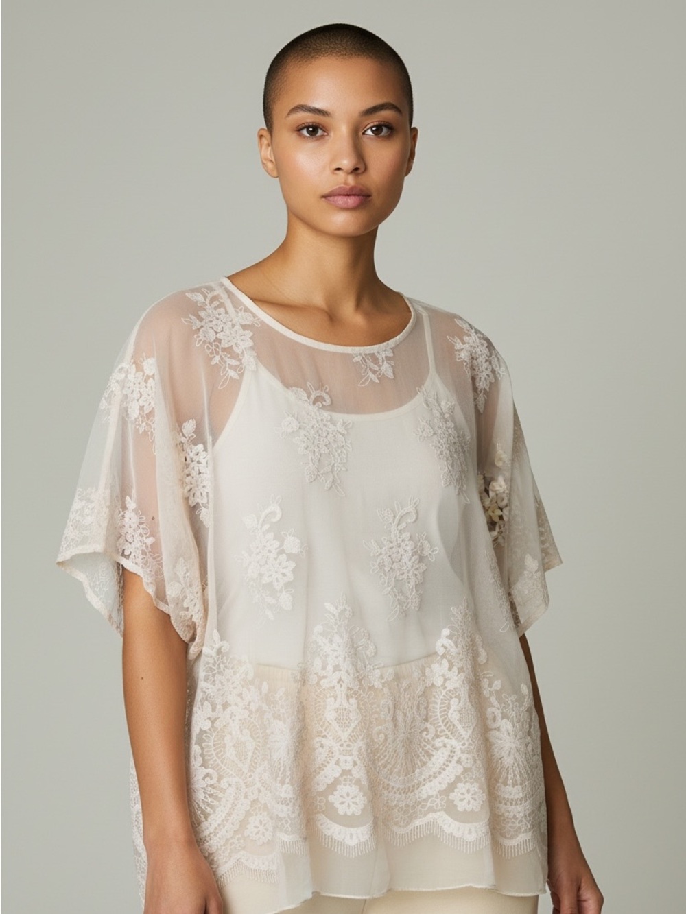 Angela Mara Embroidered Sheer Floral Blouse in Cream M Silk Blend
